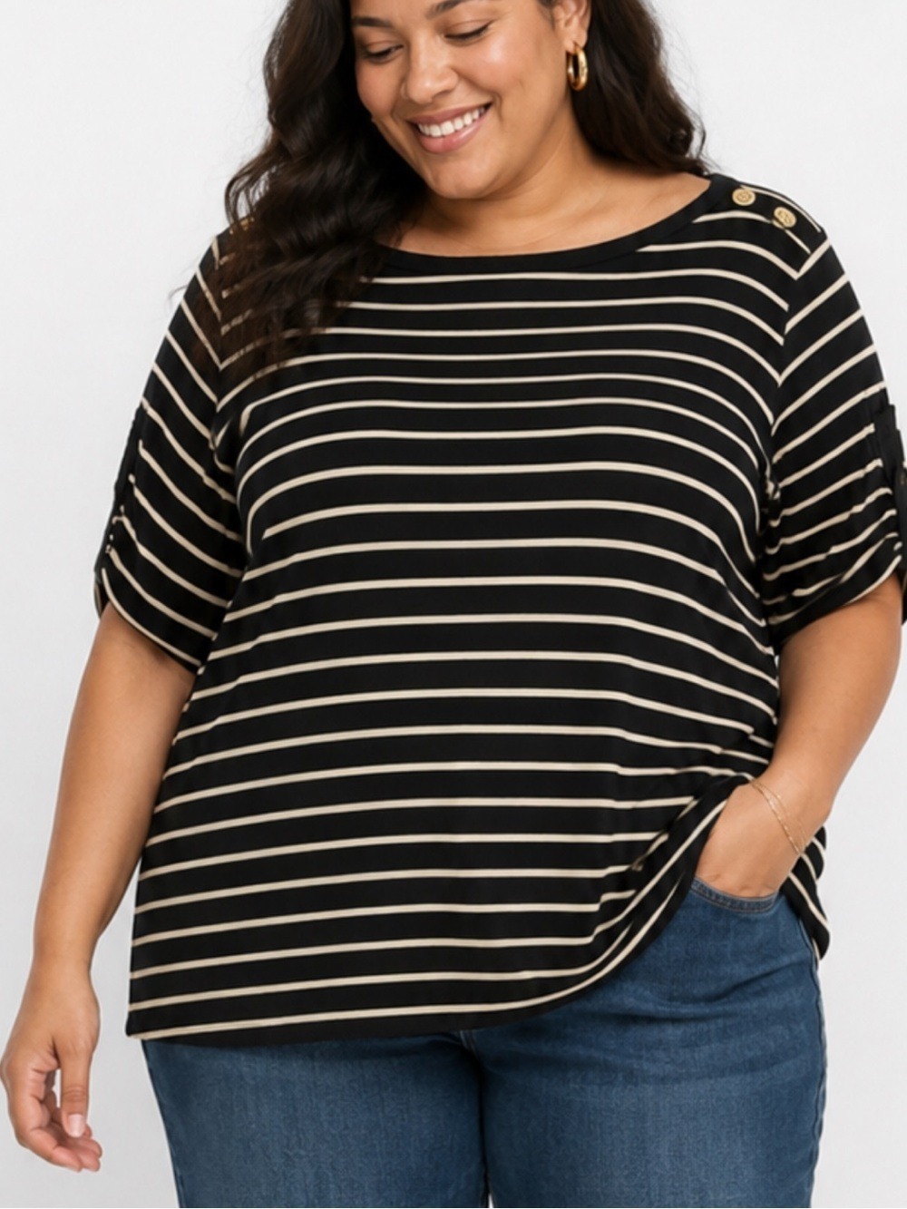 Lauren Ralph Lauren 2X Classic Striped Boatneck Top Black & White Knit
